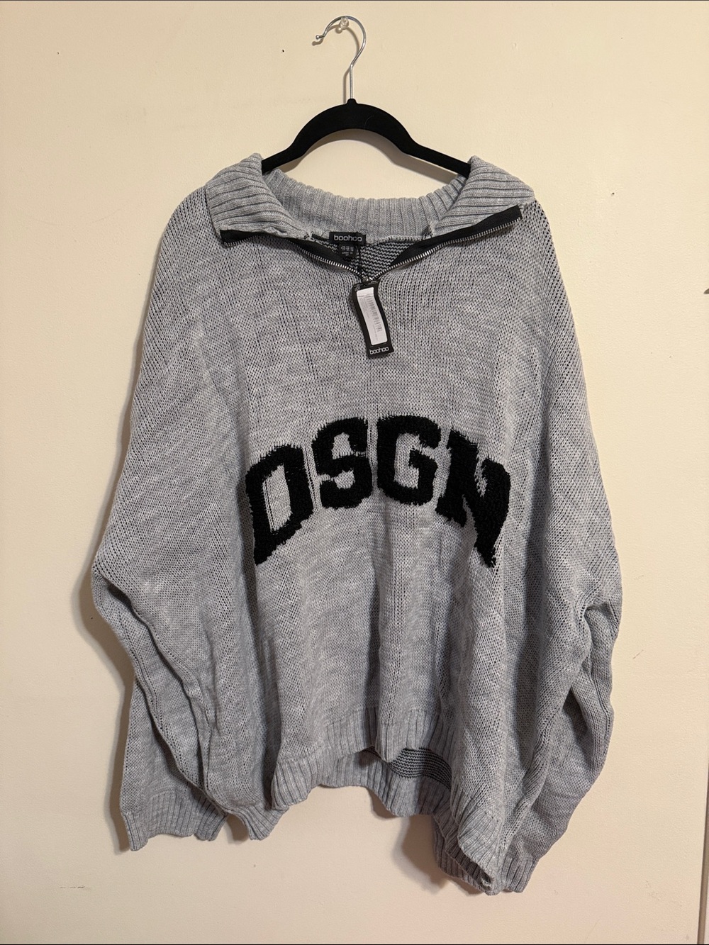 Boohoo Gray Knit Half-Zip Sweater with Black Logo